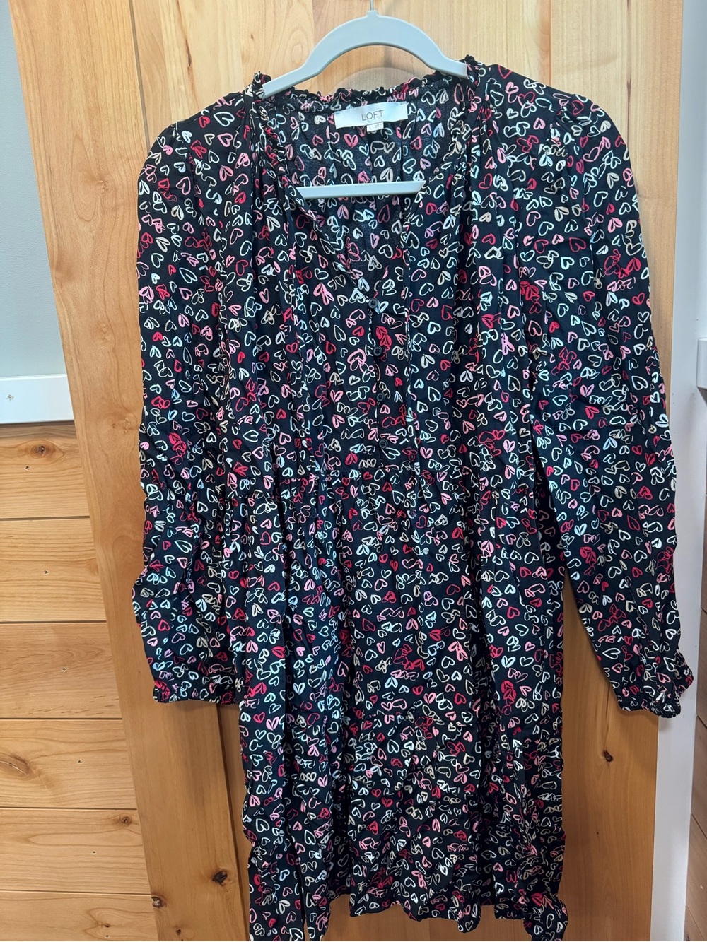 EUC Large LOFT Black Long-Sleeve Heart-Print Dress